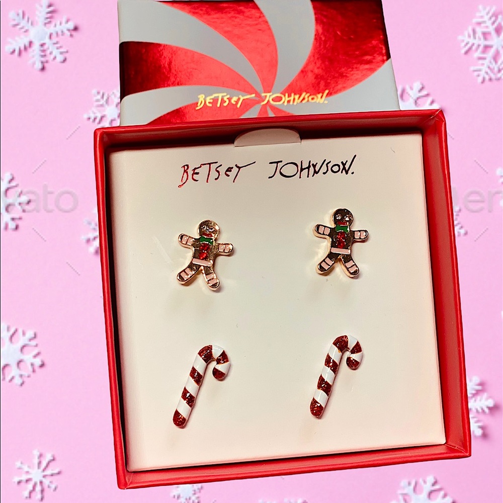 Betsey Johnson holiday Christmas gingerbread and candy cane earrings 2 pairs